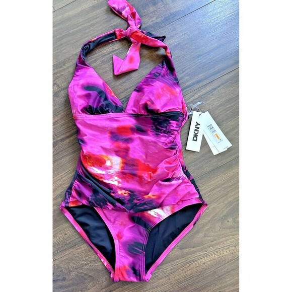 DKNY Women's Tie-Back Halter-Style one piece swimsuit Pink Multicolor Size Small - Picture 5 of 11